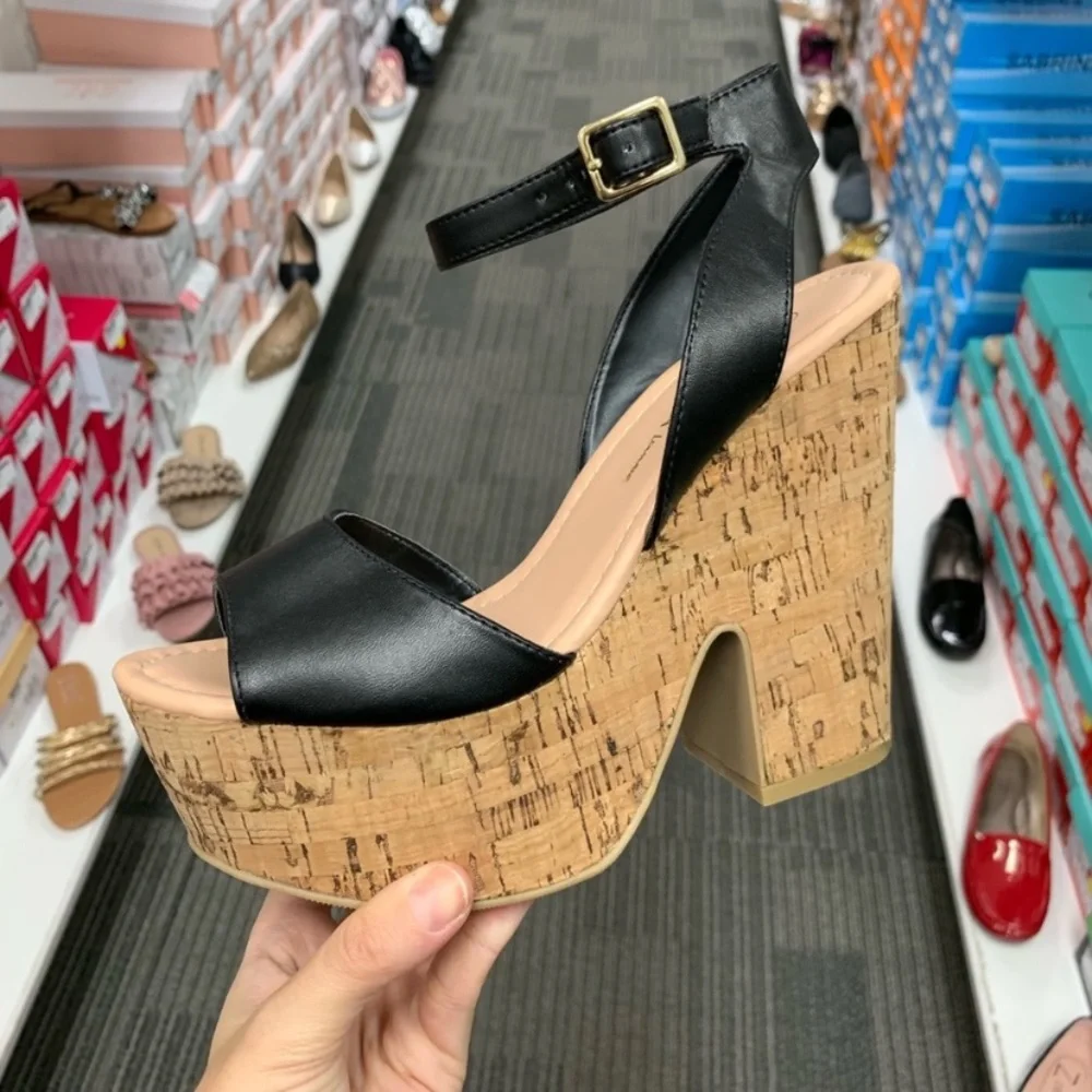 New faux leather cork wedge strappy peeptoe heels